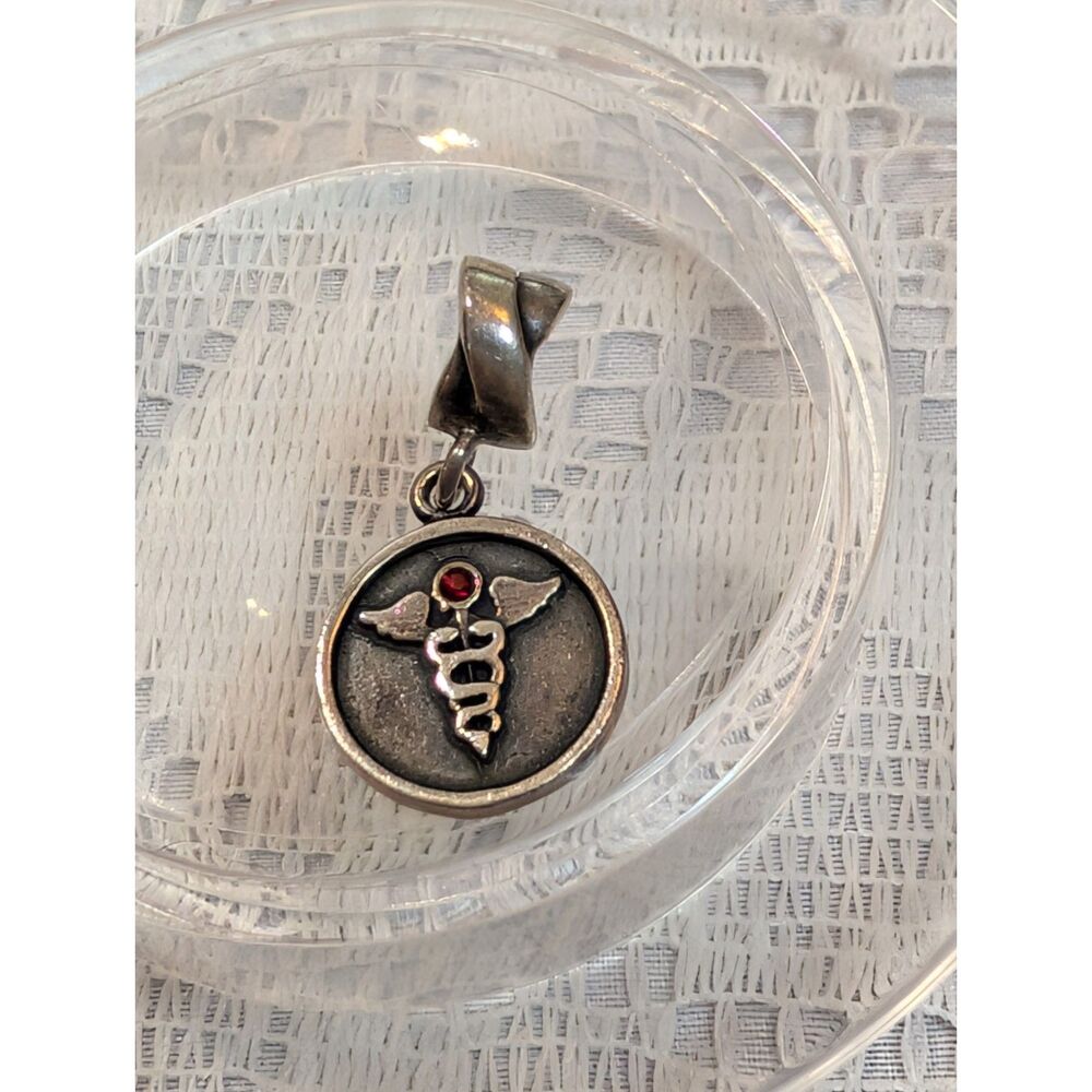Authentic Chamilia Sterling Silver Caduceus Medical Red Crystal Dangle Charm